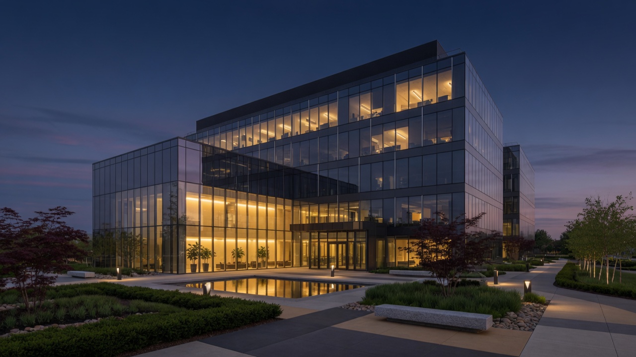 Commercial campus at twilight